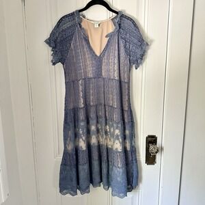 Sundance Blue Lace Tiered Dress Boho Prairie Romantic Size Small